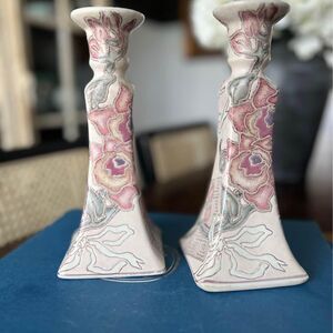 Vintage Pink Chinoiserie Taper Candlestick Holders Asian Chintz Grandmillennial